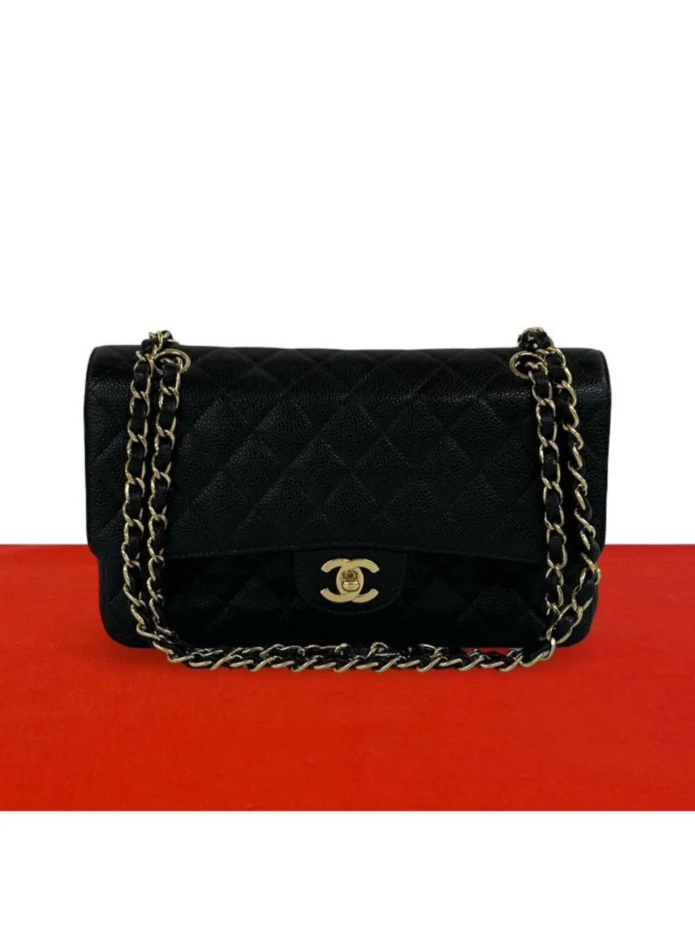 Chanel Quilted CC Logo Double Flap Caviar Leather 2-Way Shoulder Bag Black